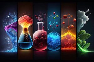 Blog 183 science background illustration scientific design flasks glass and chemistry physics elements generative ai photo